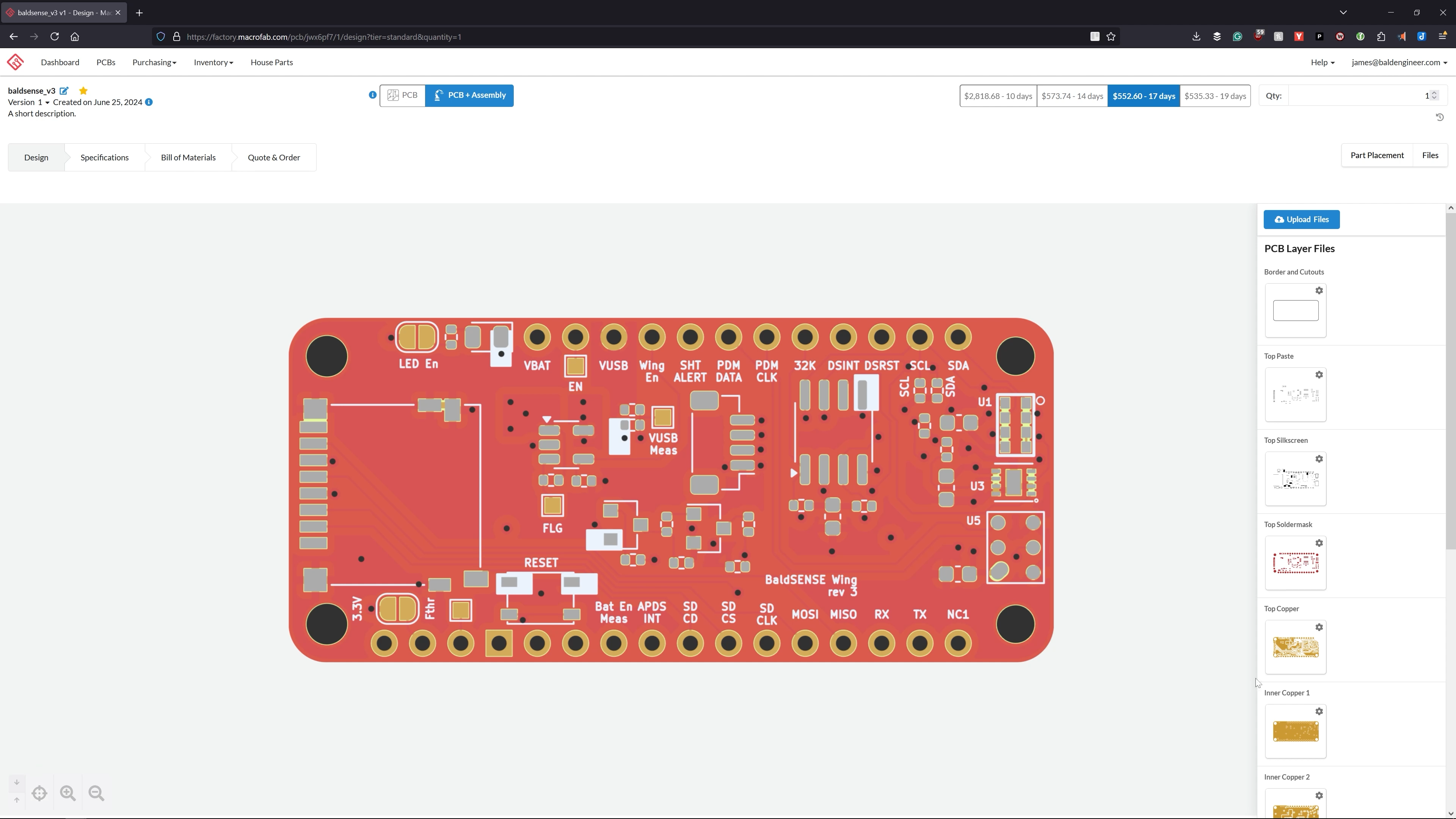 MacroFab's PCB assembly interface displaying the Bald SENSE revision 3 board and pricing options.